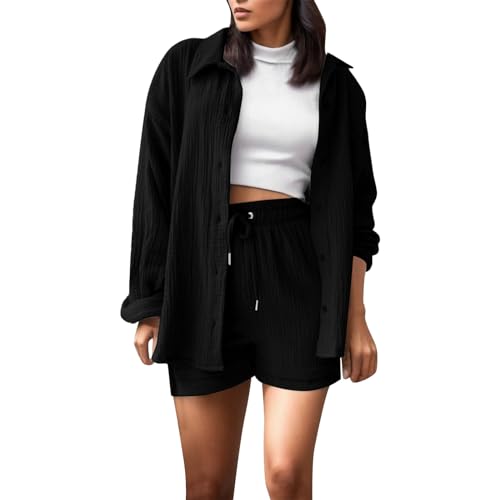 outfits zweiteiler blusen hausanzug musselin bluse sommerkleid lounge set elegant pyjama outfit kleidung 2 teiler damen sommer Schwarz von topuersaiv