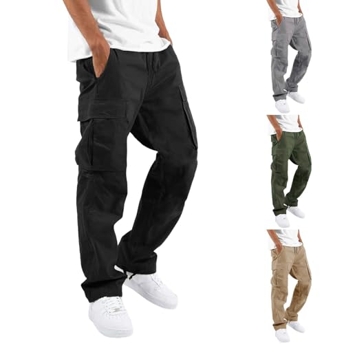 topuersaiv Herren Cargohose Baumwolle Lang Cargo Hose Regular Fit Freizeithose Casual Einfarbig Sporthose mit Taschen Outdoorhose Elastische Taille Sweatpants Schwarz 3XL Jogginghose Herren Baggy von topuersaiv