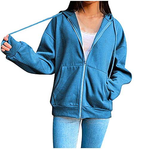 topuersaiv fleecejacke damen Hoodie Damen Sweatjacke 2025 Kapuzenjacke Herbst Winter Lang Sweatshirt Kapuzenpullover Mit Kapuze Reißverschluss Mantel Oversize Pullover Blau #2 XXL von topuersaiv