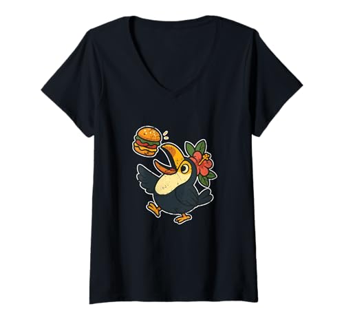 Damen Tukan Tropischer Burger Cartoon T-Shirt mit V-Ausschnitt Damen Tukan Tropischer Burger Cartoon T-Shirt mit V-Ausschnitt von toucan burger tropical bird foodie fun burger