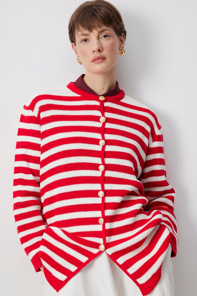 touche prive Strickjacke GESTREIFTER LANGER CARDIGAN MIT GOLDENEN KNÖPFEN von touche prive
