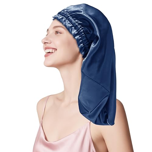 townssilk Seidenhaube zum Schlafen, 100% 22 Momme Maulbeerseide, für Damen, luxuriös, atmungsaktiv, sitzt sicher über Nacht & druckfrei, ideal für lange & lockige Haare – NavyBlue 58cm von townssilk