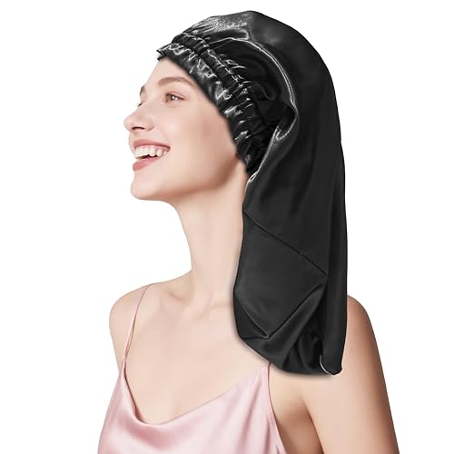 townssilk Seidenhaube zum Schlafen, 100% 22 Momme Maulbeerseide, für Damen, luxuriös, atmungsaktiv, sitzt sicher über Nacht & druckfrei, ideal für lange & lockige Haare – Black 58cm von townssilk