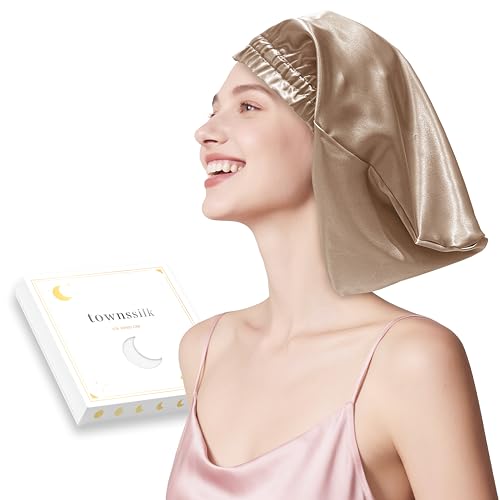 townssilk Seidenhaube zum Schlafen, 100% 22 Momme Maulbeerseide, für Damen, luxuriös, atmungsaktiv, sitzt sicher über Nacht & druckfrei, ideal für kurzes & mittellanges Haare – Caramel 32cm von townssilk