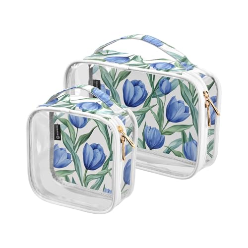 2 Stück transparente dekorative Herren-Kulturartikel für Reisen, TSA-genehmigt, königsblaue Tulpen, grüne Blätter, Aquarellmalerei, transparente Tasche, Reise-Kosmetik, Herrenrasierset, de maquillaje von tplaotee
