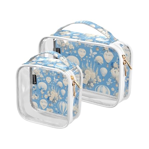 2 Stück transparente dekorative Kulturbeutel für Damen, TSA-geprüft, Blau und Weiß, romantische Heißluftballon-Blumen, transparente Kosmetiktaschen für Damen, Flughafen, Fluggesellschaften, konform de von tplaotee