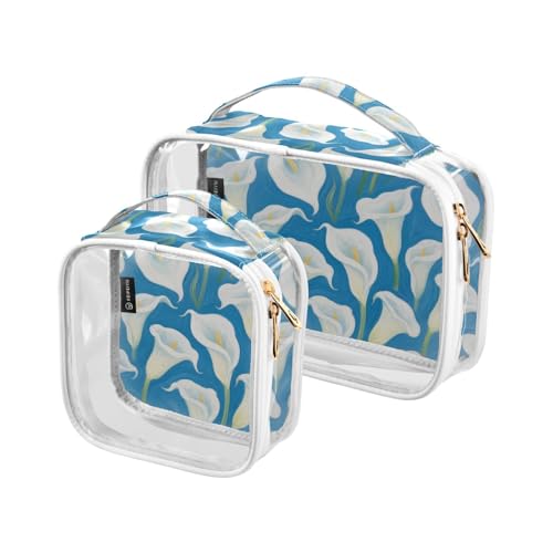 2 Stück transparente dekorative Kulturbeutel für Damen, TSA-geprüft, weiße und blaue Calla-Lilien, multifunktionale Kosmetiktaschen mit Reißverschluss, Rasierset für Herren von tplaotee