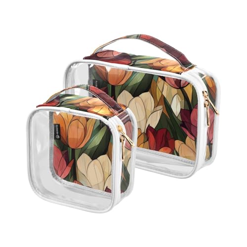 2 Stück transparente dekorative Kulturbeutel zum Aufhängen, TSA-geprüft, Retro, elegante Tulpen, Kunst, multifunktional, große Kosmetiktaschen für Damen, Flughafen, Fluggesellschaften, konform von tplaotee