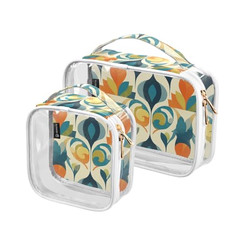 2 Stück transparente dekorative Kulturtasche Reise TSA genehmigt Retro geometrische Formen Muster blau orange wasserabweisend Make-up Reisetasche Herren Rasierset de maquillaje von tplaotee