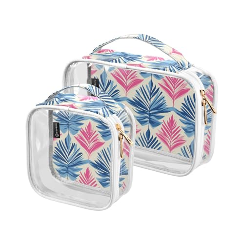 2 transparente dekorative Kulturbeutel, groß, TSA-geprüft, tropischer Stil, Palmenblätter, rosa und blau, transparente Kosmetiktaschen für Damen, Herren, Rasierset, Maquillaje Para von tplaotee