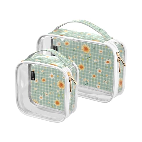 2 transparente dekorative Kulturbeutel für Reisen, TSA-geprüft, Büffelkariert, Sonnenblumen, multifunktionale Taschen für Frauen, Rasur, Essentials de maquillaje von tplaotee
