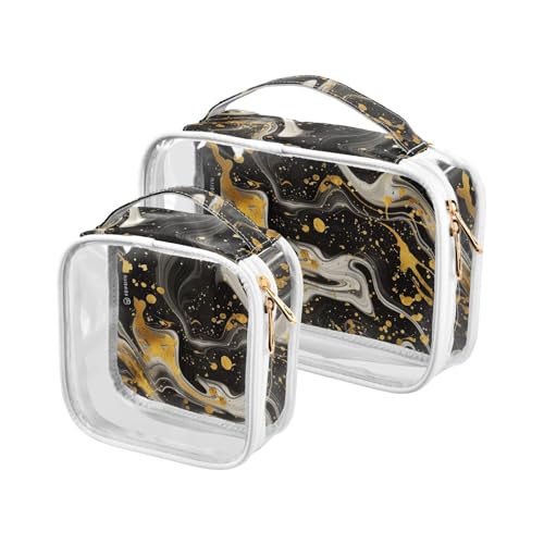 2 transparente dekorative Kulturbeutel zum Aufhängen, TSA-genehmigt, wirbelndes schwarzes und goldenes Marmormuster, wasserdichte Kosmetiktaschen für Damen und Herren, Rasierset de maquillaje von tplaotee