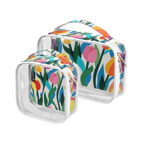 2 transparente dekorative Make-up-Taschen für Damen, TSA-geprüft, bunte Blume, schöne, wasserabweisende Reise-Kosmetiktaschen für Frauen, Reiseutensilien, maquillaje von tplaotee