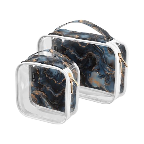 2 transparente dekorative Reise-Kulturbeutel, TSA-genehmigt, abstraktes schwarzes und goldenes Marmor-Muster, wiederverwendbare Taschen für Frauen, Reisen, unverzichtbar von tplaotee