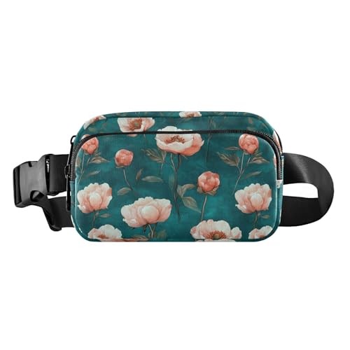Art Pfirsich-Pfingstrosen, Blumen, Blaugrün, modische Bauchtasche für Damen, Herren, Teenager, Mehrzweck-Bauchtasche mit verstellbarem Riemen für Reisen, Urlaub, Laufen von tplaotee