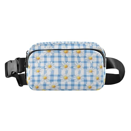 Bauchtasche mit Gänseblümchen-Schachbrettmuster für Damen, Herren, Teenager, kleine Umhängetasche, Diebstahlschutz, Hüfttasche mit verstellbarem Gurt, für Reisen, Urlaub, Laufen, Blau und Weiß von tplaotee