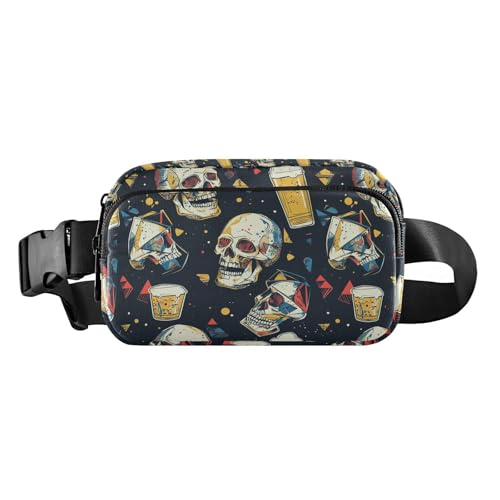 Bauchtasche mit Totenköpfen und Biertrinken, geometrischer Stil, modische Bauchtasche für Männer und Frauen, wasserabweisend, mit verstellbarem Gurt, für Reisen, Fitnessstudio, Arbeit von tplaotee