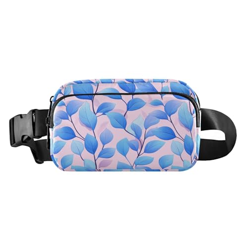 Bauchtasche mit blauen Blättern und rosa Hintergrund, modische Bauchtasche für Damen, Herren, Teenager, kleine Bauchtasche mit verstellbarem Riemen für Einkaufen, Sport, Arbeit von tplaotee