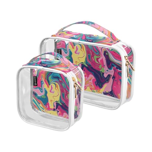 Bolsa de almacenamiento Kulturbeutel für Damen, transparent, dekorativ, groß, TSA-geprüft, Regenbogenfarben, abstraktes Muster, Tinte, Stil, tragbare Make-up-Tasche, klein, Reisezubehör, 2 Stück von tplaotee