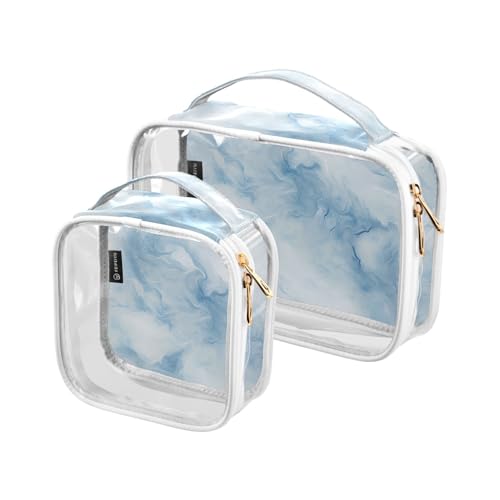 Bolsa de maquillaje Kulturbeutel für Damen, transparent, dekorativ, groß, TSA-genehmigt, blaue Marmor-Textur, modisch, wasserabweisend, große Kosmetiktasche, Rasierutensilien, 2 Stück von tplaotee