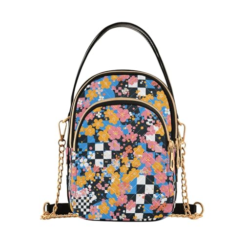 Bunte Blumen schwarz kariertes Muster trendige Herbst-Umhängetasche mit mehreren Taschen für Damen auf Reisen Bunte Blumen schwarz kariertes Muster trendige Herbst-Umhängetasche mit mehreren Taschen für Damen auf Reisen von tplaotee