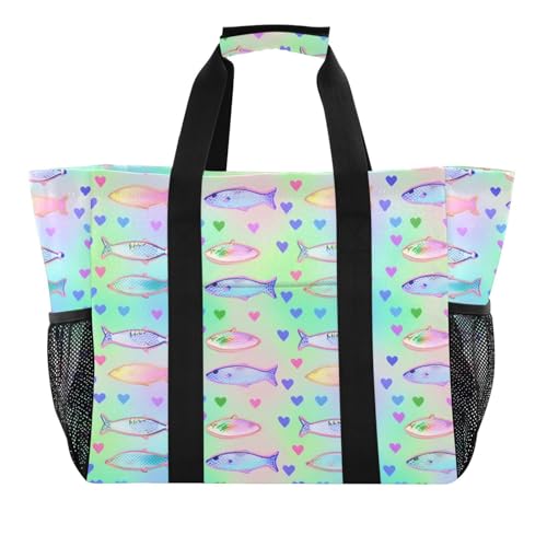Bunte Fische, psychedelische Utility-Strandtasche, wiederverwendbare Einkaufstasche, zusammenklappbar, Strandtasche, wasserabweisend, Leinen, Wäsche-Tragetasche, Reise von tplaotee