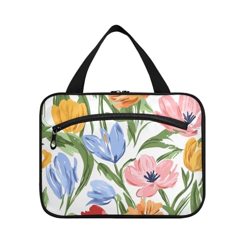 Bunte Reise-Make-up-Tasche mit Haken, Designer-Kulturbeutel für Damen, Reisen, Badezimmer, Cartera Para Maquillaje M, Frühlingsblumen, bunt, Medium von tplaotee