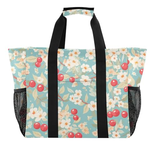 Cherry Teal Bloom Utility Tote Bags For Women Reusable Shopping Bag Collapsable Large Beach Bag Sandproof with Handles Laundry Tote von tplaotee