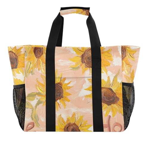Coole Sonnenblumen-Einkaufstasche, zusammenklappbar, groß, Strandtasche mit Fächern, Leinen, Wäschesack von tplaotee