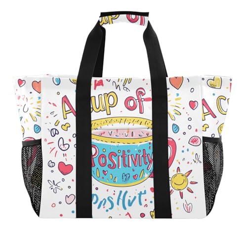 Einkaufstasche, Motiv: A Cup of Positivity, kindliche Doodle Schriftart, Einkaufstasche, faltbar, Strandtasche, sanddicht, Segeltuch, Tragetasche für Auto von tplaotee