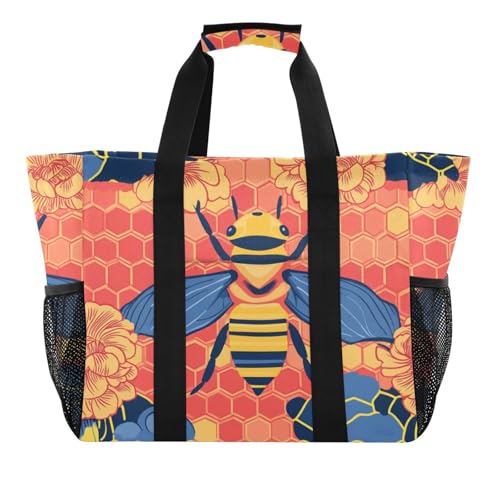 Einkaufstasche, Motiv: Biene, japanisches Muster, wiederverwendbar, zusammenklappbar, groß, Strandtasche, wasserdicht, Segeltuch, Tragetasche für Auto von tplaotee