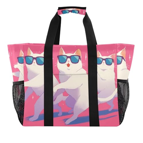 Einkaufstasche, Motiv: tanzende Katzen, pfirsichfarben, wiederverwendbar, faltbar, Strandtasche, sanddicht, mit Griffen, Tragetasche von tplaotee