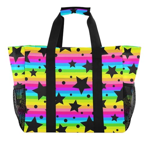 Einkaufstasche, wiederverwendbar, faltbar, Strandtasche, wasserabweisend, Leinen, Neonschwarz mit Sternen, Regenbogenfarben von tplaotee