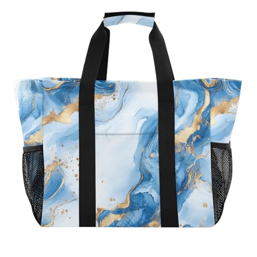 Einkaufstasche aus blauem und goldfarbenem Marmor, für Kofferraum, Lebensmitteleinkauf, faltbar, Strandtasche, Tragetasche, wasserabweisend, Leinen, Reise- und Wäsche-Tragetasche von tplaotee