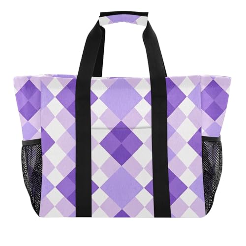 Einkaufstasche für Damen, kariert, wiederverwendbar, faltbar, Strandtasche, wasserdicht, mit Griffen, Lavendelfarben von tplaotee
