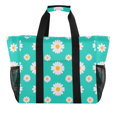 Einkaufstasche mit Gänseblümchen-Blumenmuster, blaugrün, weiß, Einkaufstasche, faltbar, Strandtasche mit Fächern und Griffen, Tragetasche von tplaotee