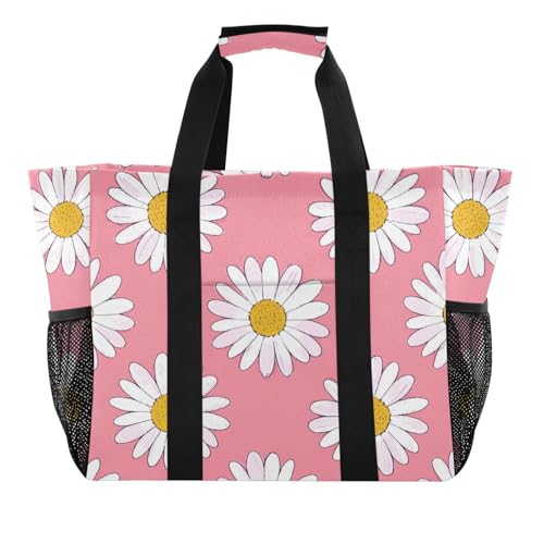 Einkaufstasche mit Gänseblümchen-Blumenmuster, pfirsichfarben, Einkaufstasche für Lebensmittel, zusammenklappbar, Strandtasche mit Fächern, Leinen-Tragetasche von tplaotee
