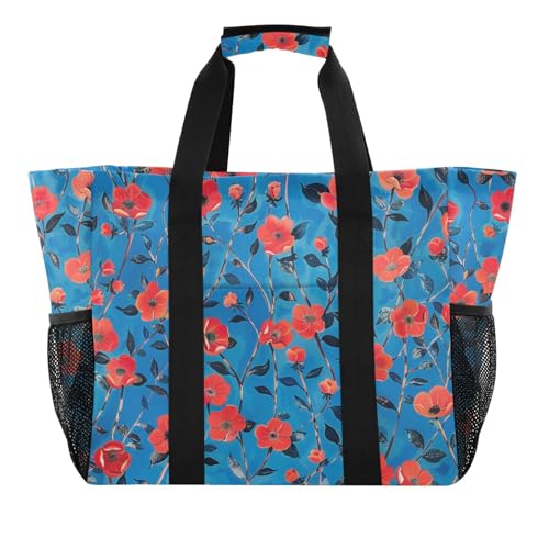 Einkaufstasche mit roten Blumen und blauem Hintergrund, Strandtasche, faltbar, sanddicht, mit Griffen, Wäschesack von tplaotee