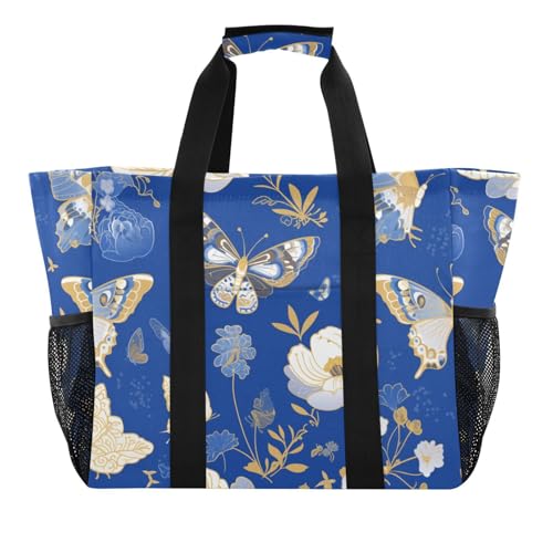 Einkaufstasche und Tragetasche, wiederverwendbar, faltbar, Strandtasche mit Fächern, Segeltuch, Blau und Weiß von tplaotee