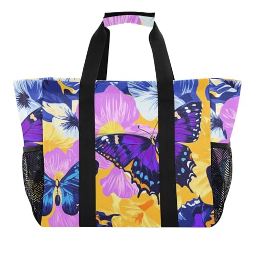 Einkaufstaschen und Einkaufstaschen mit Schmetterlingen und Blumen, lebendige Farben, faltbare Strandtasche, sanddichte Leinen-Wäsche-Tragetasche von tplaotee