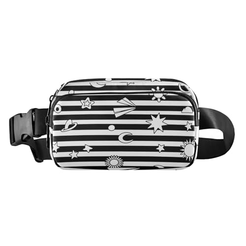 Gürteltasche für Damen, Herren, Teenager, wasserdicht, mit verstellbarem Gurt, für Reisen, Einkaufen, Laufen, Schwarz / Weiß gestreift, mit Sonnenlicht, Mond und Stern von tplaotee