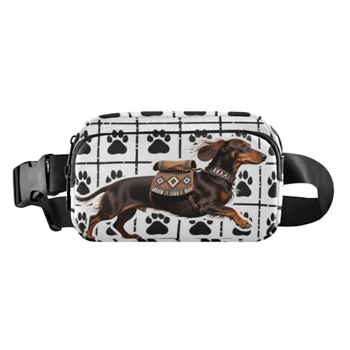 Gürteltasche im Tribal-Stil, Dackel-Hund, schwarz, Pfotenabdruck, niedliche Bauchtasche für Damen, Herren, Teenager, wasserabweisend, Bauchtasche mit verstellbarem Gurt für Reisen, Laufen, Wandern von tplaotee