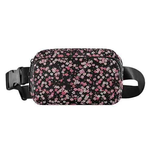 Gürteltasche mit schwarzem Hintergrund, kleine rosa Blumen, modische Bauchtasche für Damen, Herren, Teenager, wasserabweisend, Crossbody-Sporttasche mit verstellbarem Riemen für Radfahren, Wandern von tplaotee