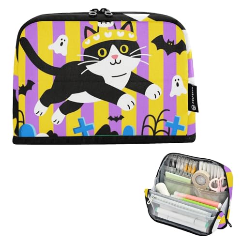Halloween Federmäppchen mit schwarzer Katze, gestreift, große Kapazität, Make-up-Tasche, schlanke Münze für Damen, elementare Estuche de lápices para ninas von tplaotee