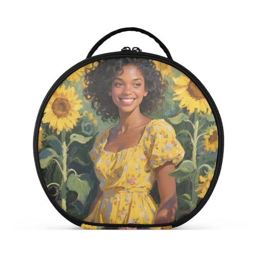 Happy Woman Kosmetiktasche mit Sonnenblumen, Ölgemälde, Reisegröße, Zubehör, große Make-up-Tasche für Damen, mit verstellbaren Trennwänden, 27,9 cm von tplaotee