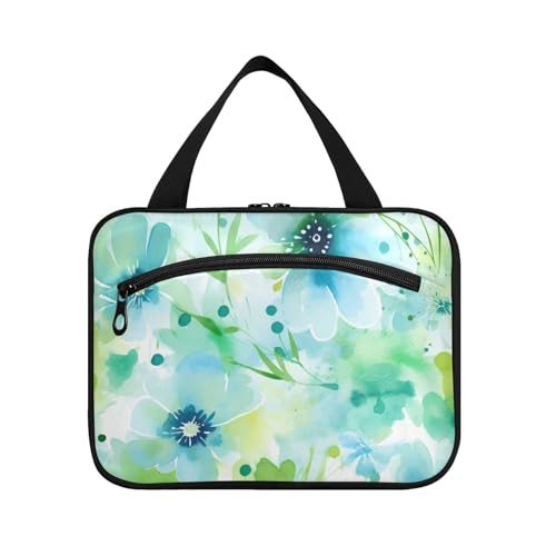 Herren-Kulturbeutel mit Haken, kompakt, gesteppt, Make-up-Tasche für Reisen, Fitnessstudio, Blau / Grün, Blau-grüne Aquarell-Blume, Medium von tplaotee