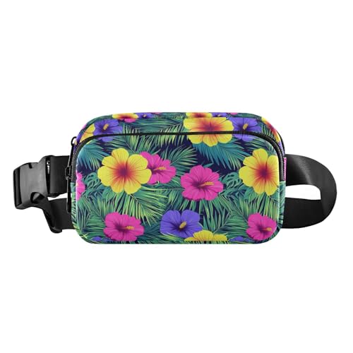Hüfttasche im hawaiianischen Stil, tropische Blumen, Palmenblätter, leuchtende Neonfarben, modische Hüfttasche für Damen und Herren, wasserabweisend, Bauchtasche mit verstellbarem Riemen für Radfahren von tplaotee