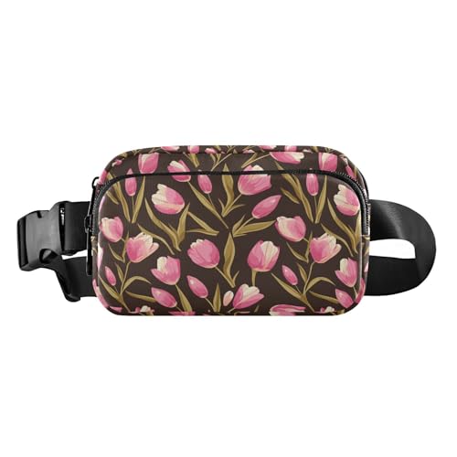 Hüfttasche mit rosa Tulipa-grünen Blättern, flach, Illustrationsstil, trendige Hüfttasche für Damen, Herren, Teenager, Mehrzweck-Bauchtasche mit Reißverschluss und verstellbarem Riemen für Shopping Hüfttasche mit rosa Tulipa-grünen Blättern, flach, Illustrationsstil, trendige Hüfttasche für Damen, Herren, Teenager, Mehrzweck-Bauchtasche mit Reißverschluss und verstellbarem Riemen für Shopping von tplaotee