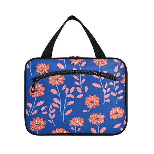 Kleine Reiseetui für Toilettenartikel mit Haken, kompakte Designer-Tasche für Toilettenartikel für Frauen, Reisen, Hotel, Set de para mujer M, Kleine Korallenblumen, blauer Hintergrund, Medium von tplaotee