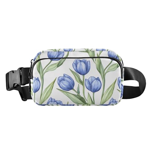 Königsblaue Tulipa-Blume, grüne Blätter, Aquarell, stilvolle Bauchtasche für Damen, Herren, Teenager, kleine Umhängetasche, Sporttasche mit verstellbarem Riemen, für Reisen, Laufen, Wandern von tplaotee
